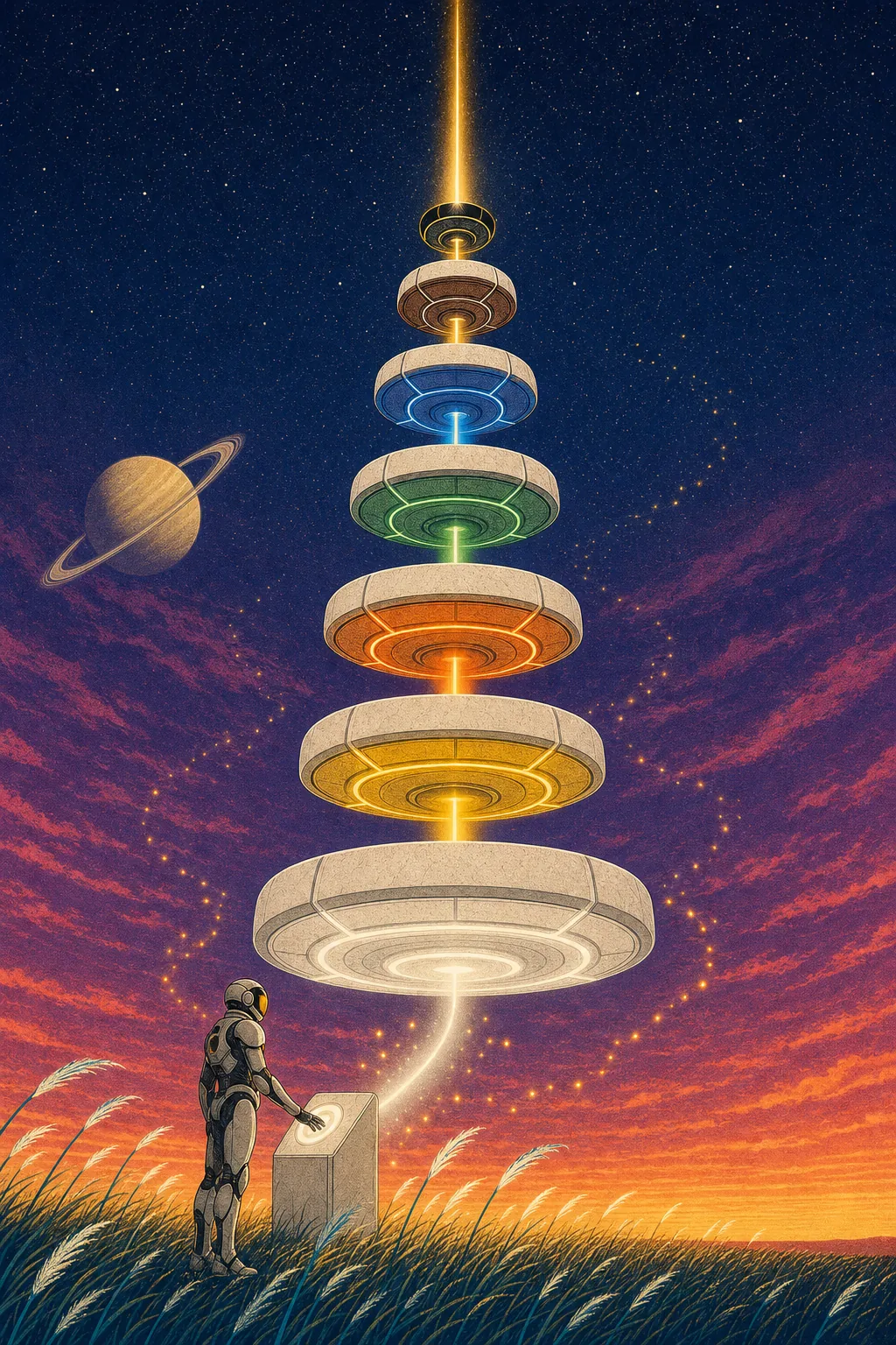 Seven hovering ring platforms in belt colours — white at the base rising to black at the summit — above an explorer at a glowing pedestal