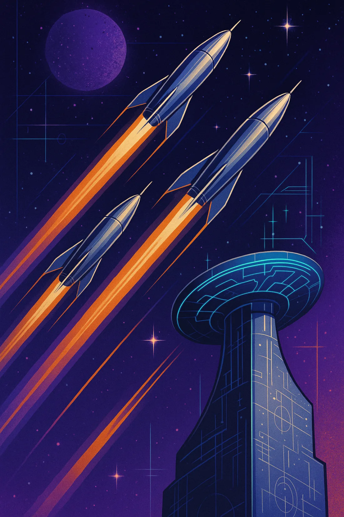 Three rockets climb on parallel orange contrails past a violet moon