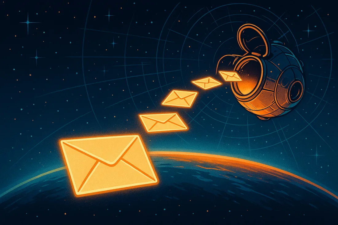 Glowing envelopes stream from an orbital capsule across a dark planet horizon — the weekly dispatch leaving the station