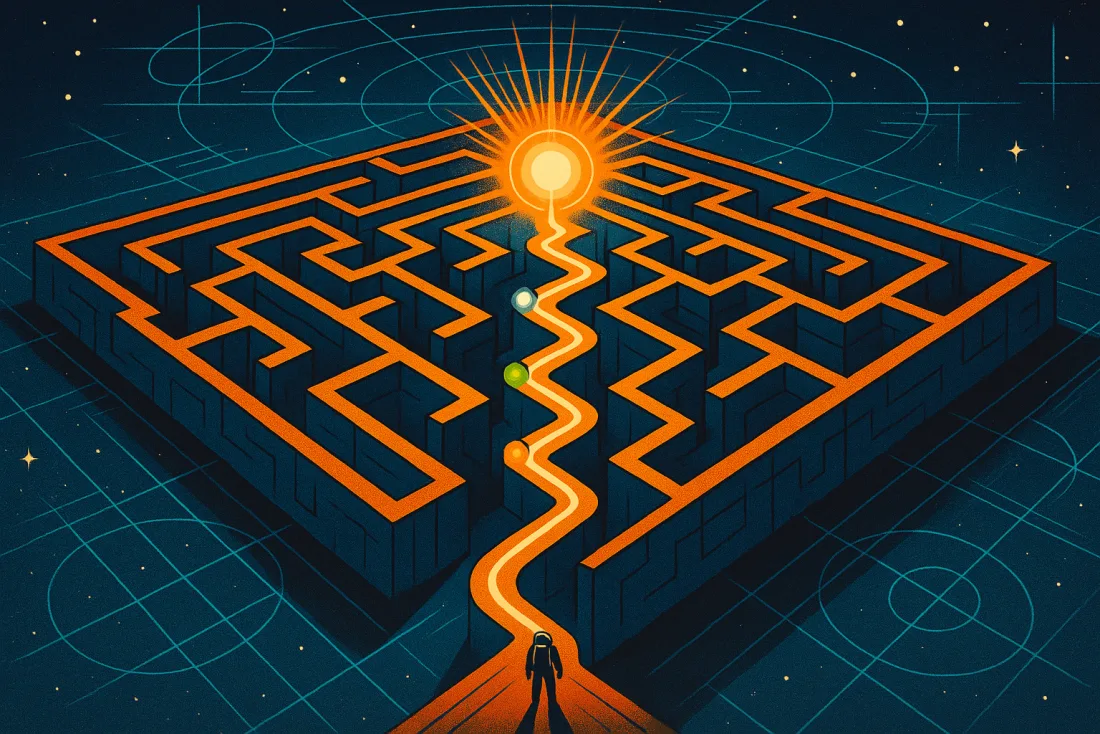A lit path with belt-coloured waypoints cuts through a vast maze toward a blazing summit beacon; an explorer stands at the entrance