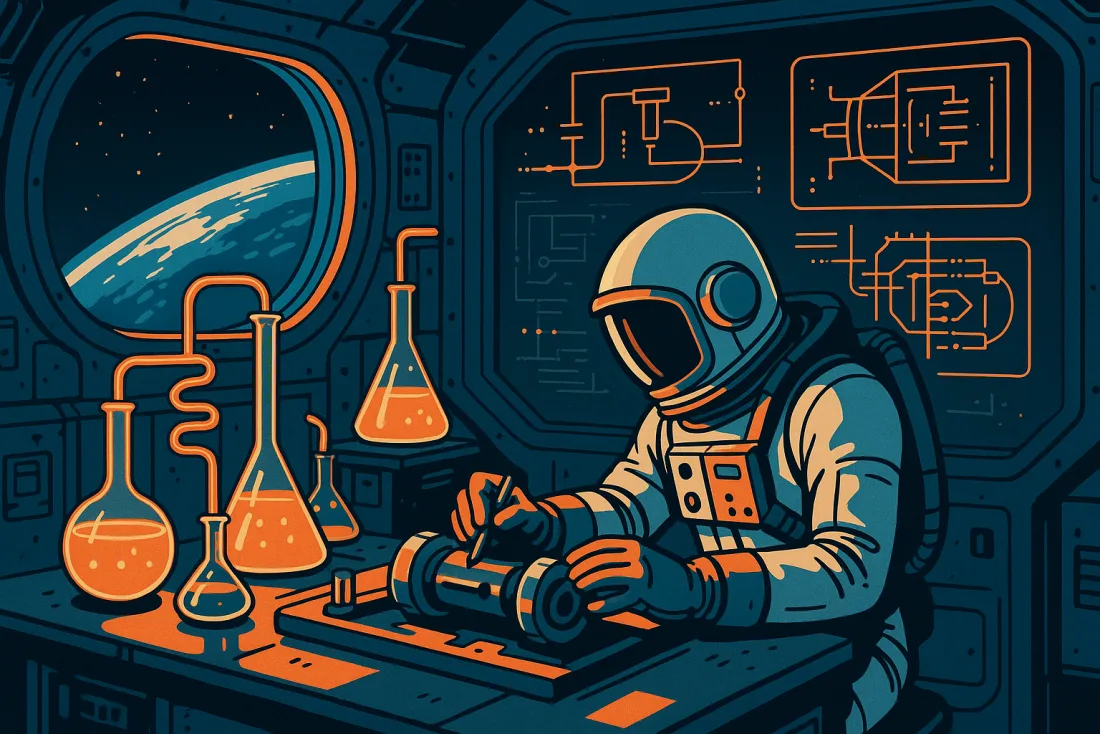 An astronaut assembles a device at a station lab bench among glowing flasks and orange circuit schematics